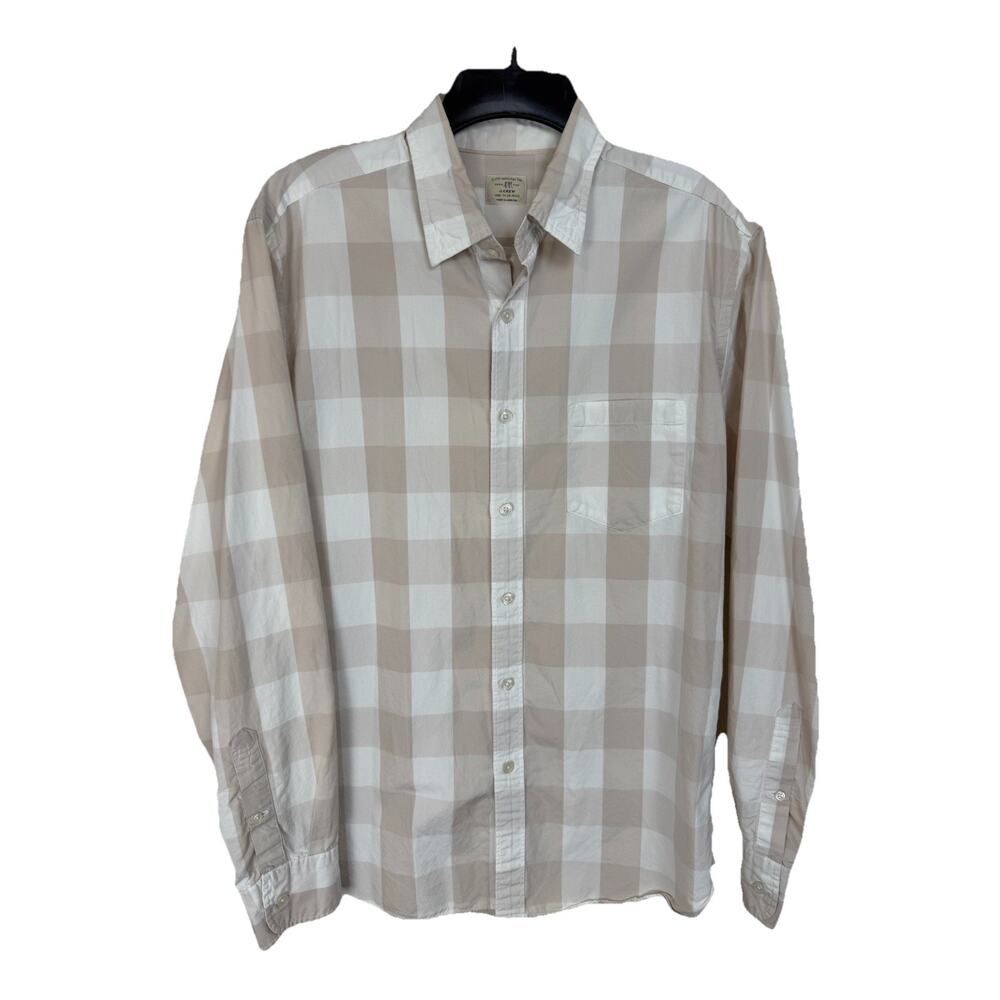 J. Crew Men's Button Up Shirt Sz M (15-15 1/2) Long Sleeves Tan Ivory Plaid
